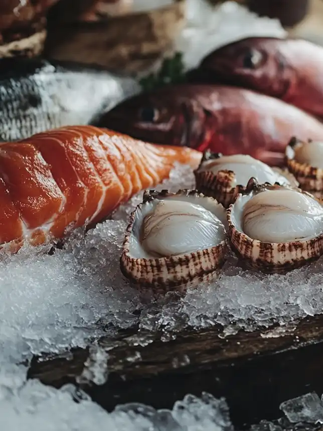 verse zalm en verse vis met schaal en schelp dieren